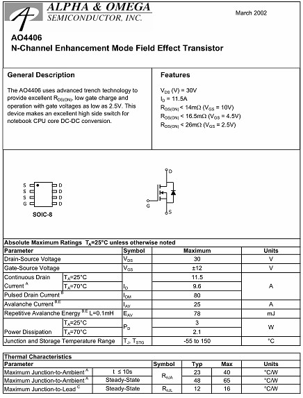 AO4406,AO4406參數(shù),AO4406規(guī)格書,11.5A/30V