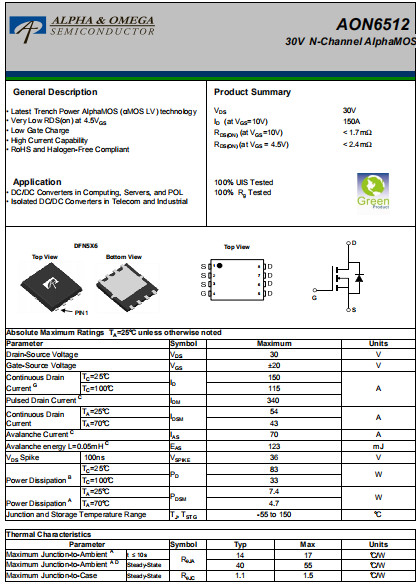 AON6512,AON6512規(guī)格書,30V/150A