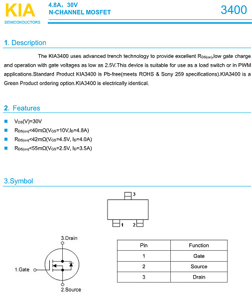 4.8A30V場效應(yīng)管 MOS管KIA3400