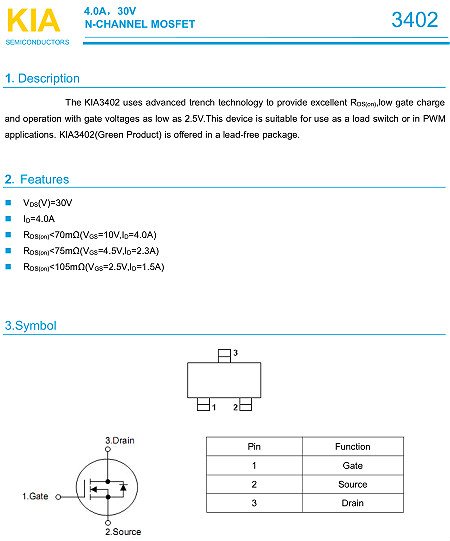 MOS管KIA3402 4.0A30V SOT-23