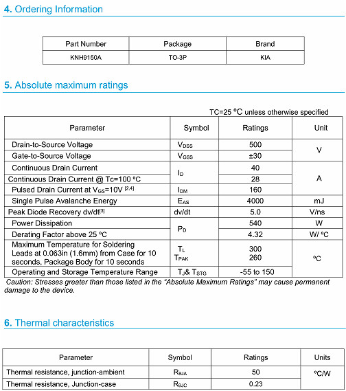 KNX9150AMOS管 40A500V參數(shù)